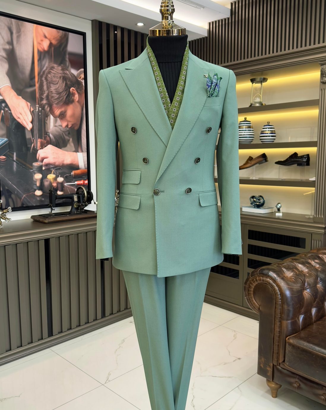 Ishmael Green Solid Double-Breasted Suit