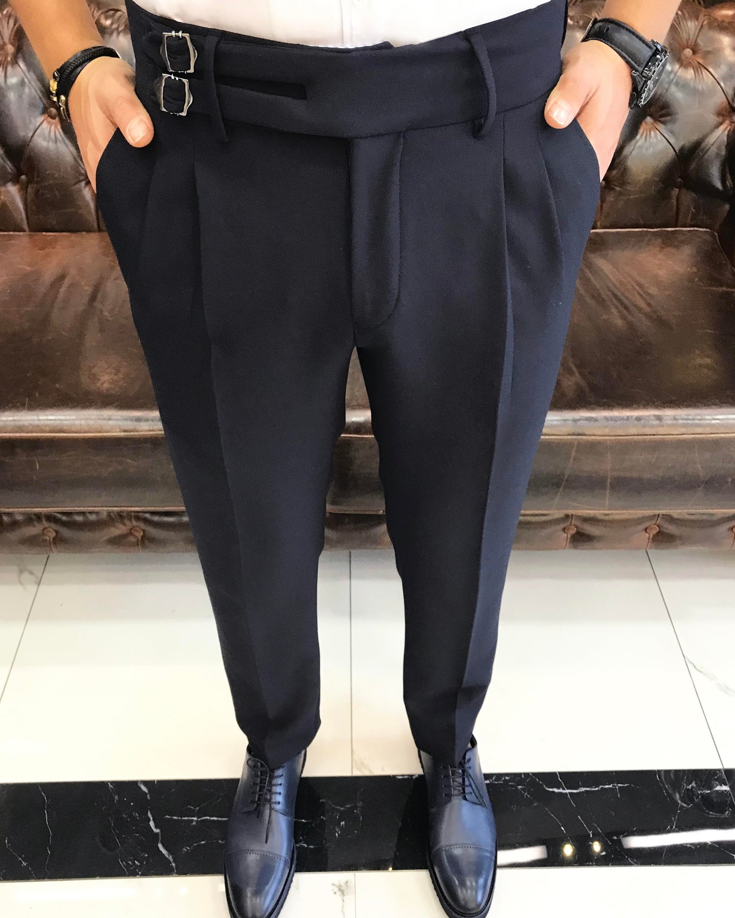Dark Blue Double Pleated Buckled Slim Pants