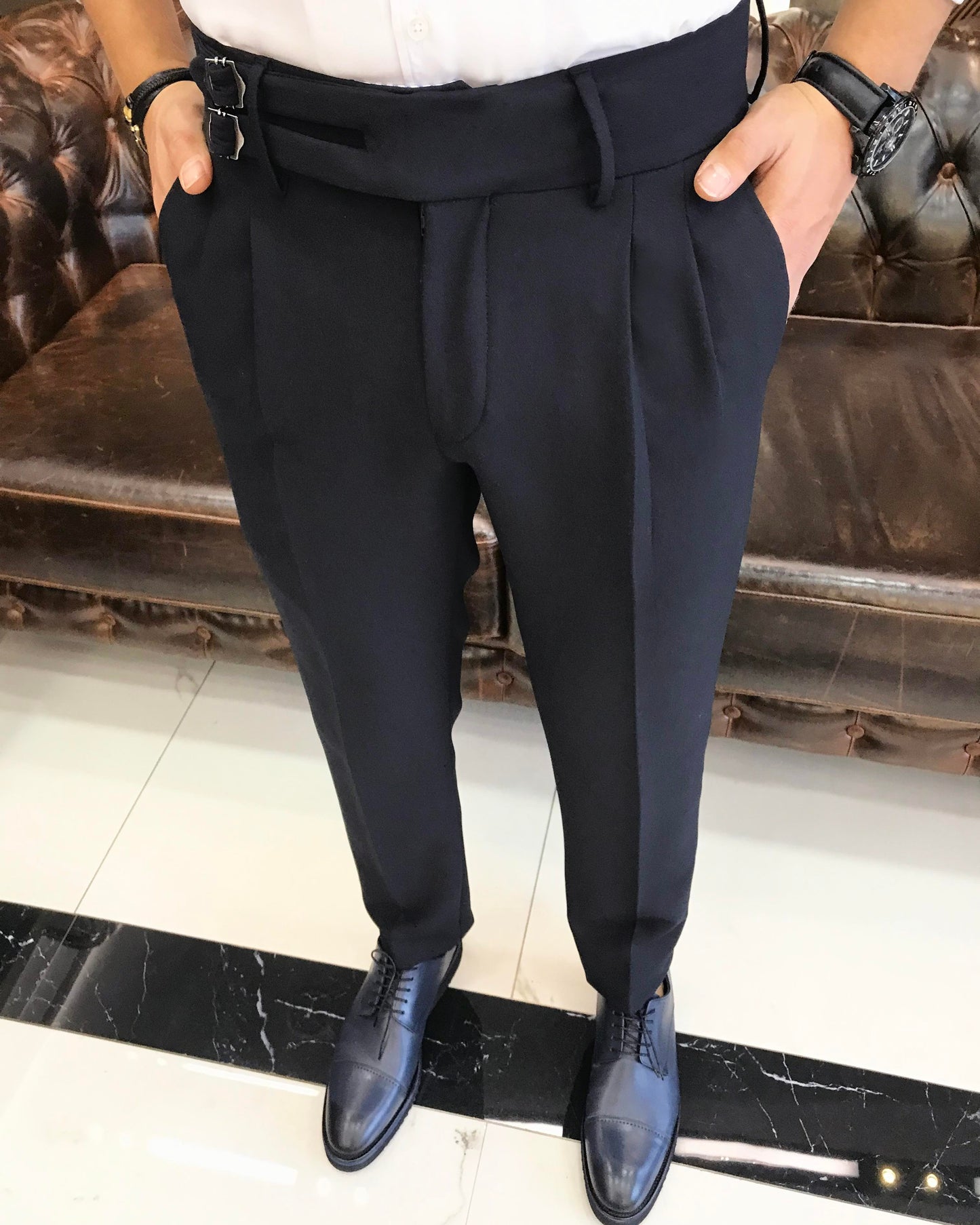 Dark Blue Double Pleated Buckled Slim Pants