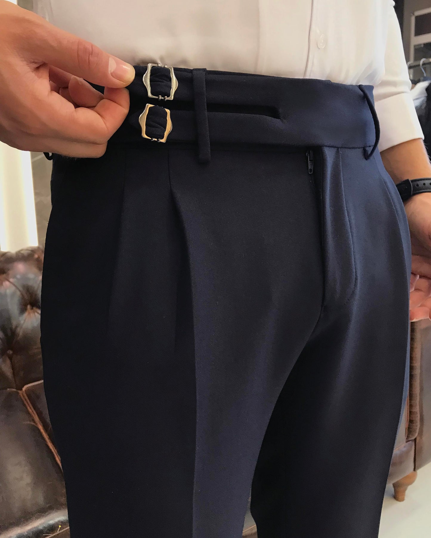 Dark Blue Double Pleated Buckled Slim Pants