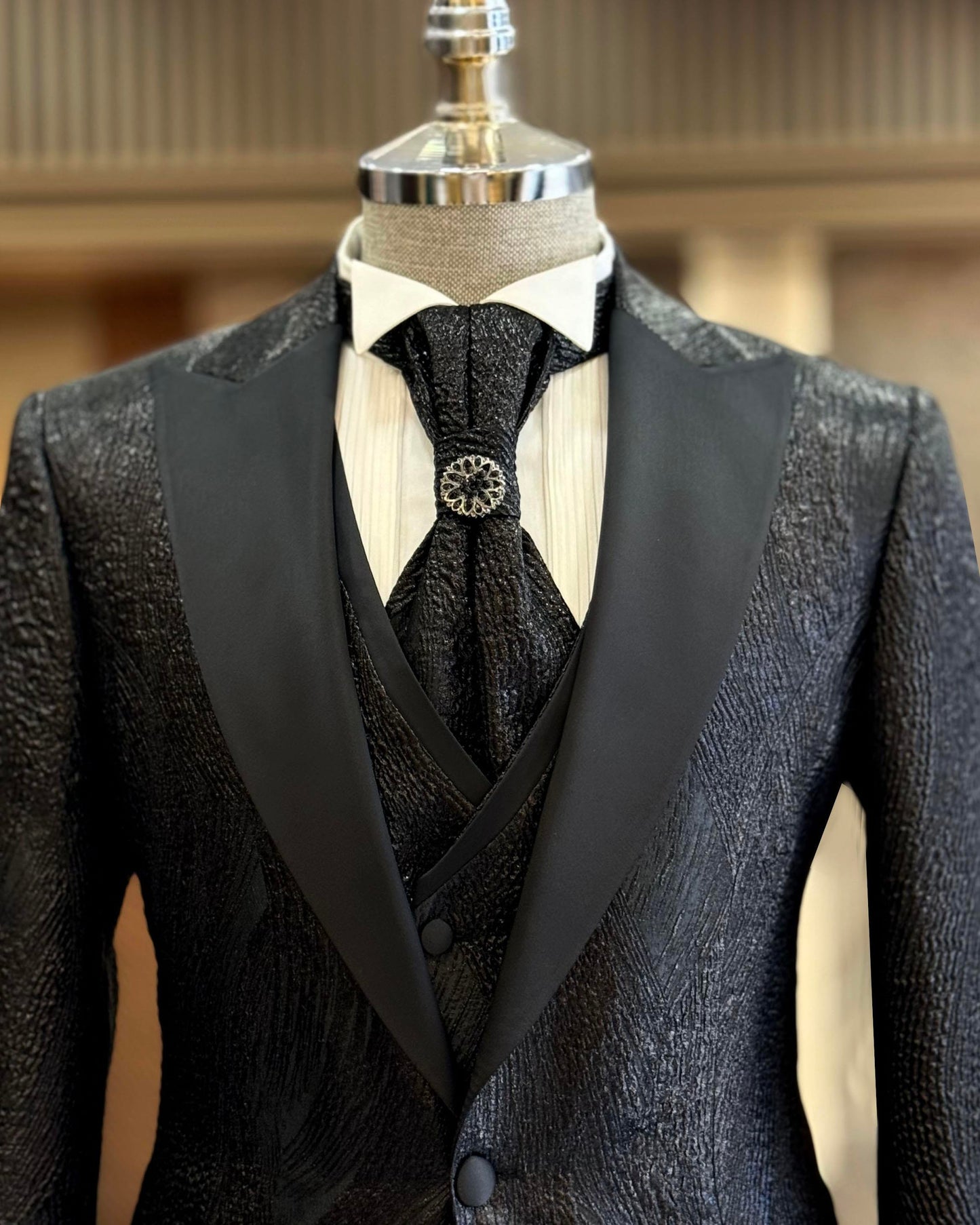 Dominic Black Brocade Slim-Fit Tuxedo