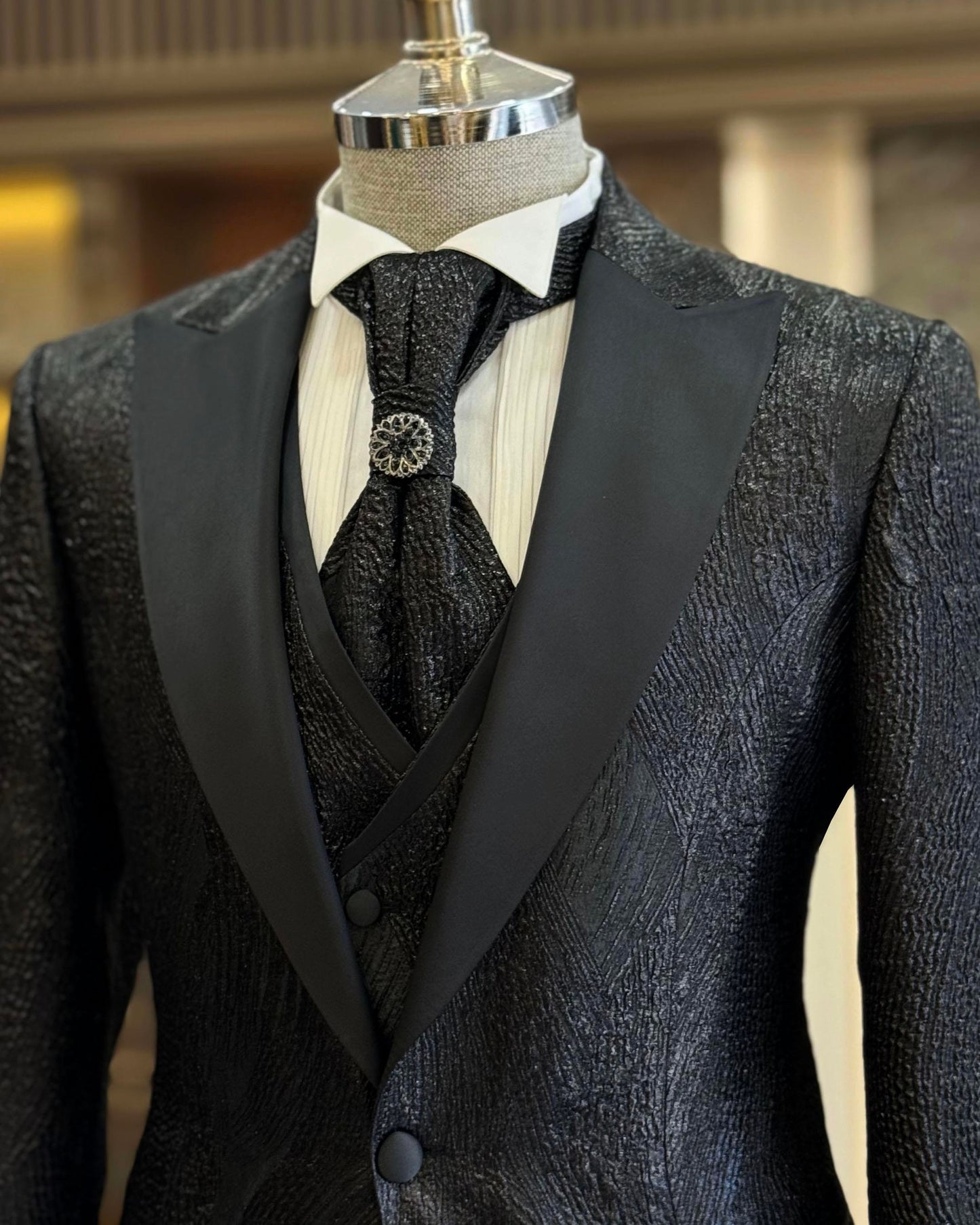 Dominic Black Brocade Slim-Fit Tuxedo