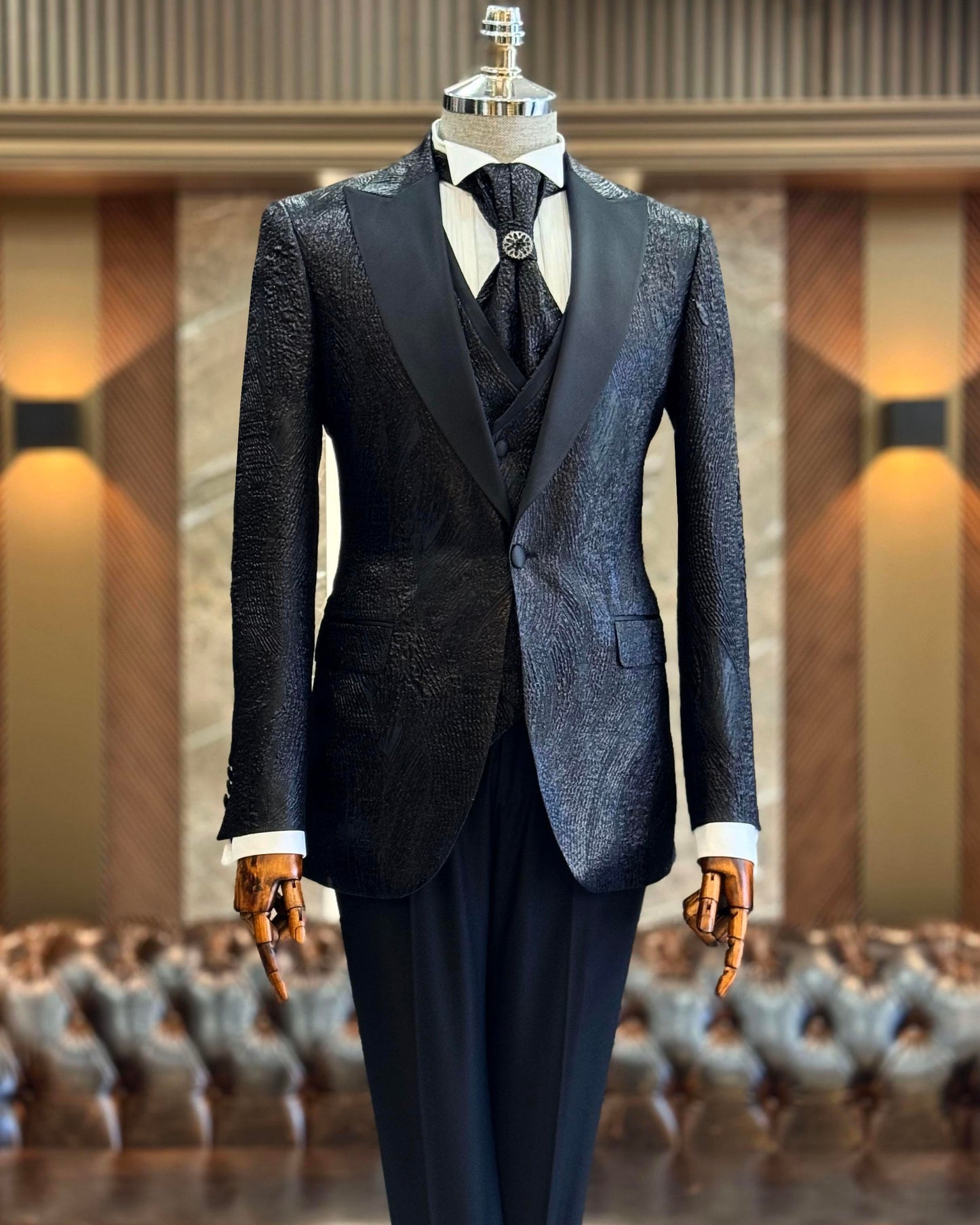Dominic Black Brocade Slim-Fit Tuxedo