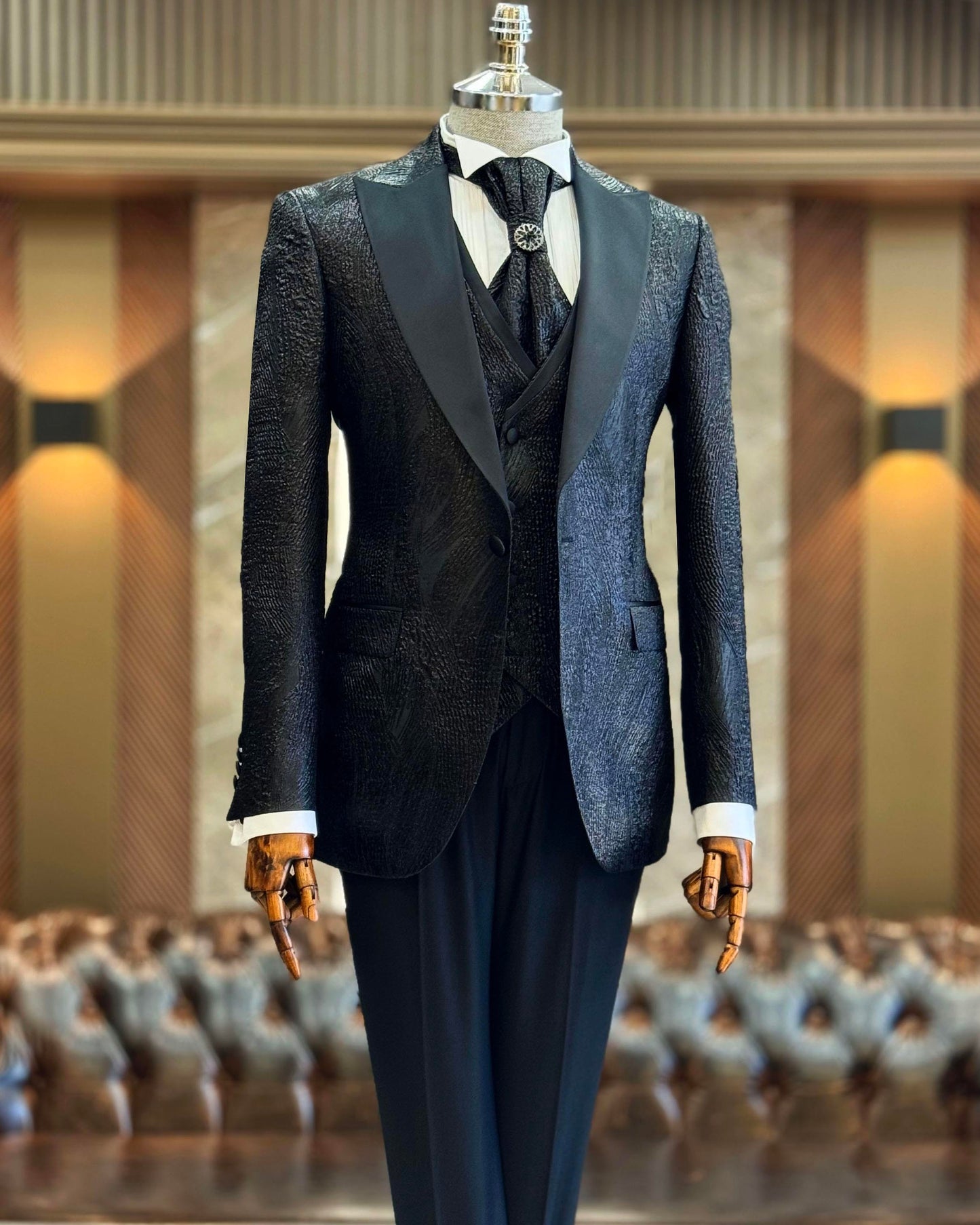 Dominic Black Brocade Slim-Fit Tuxedo