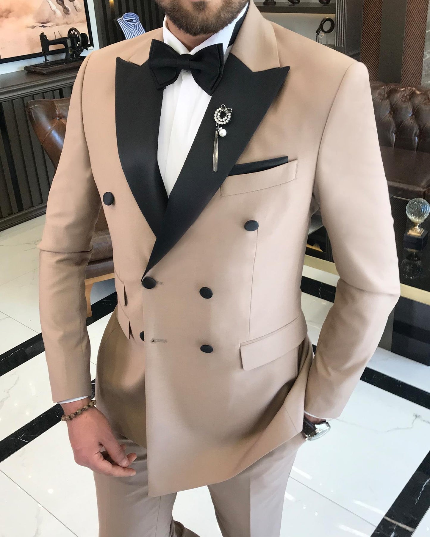 Frederick Camel Solid Slim-Fit Double-Breasted Tuxedo