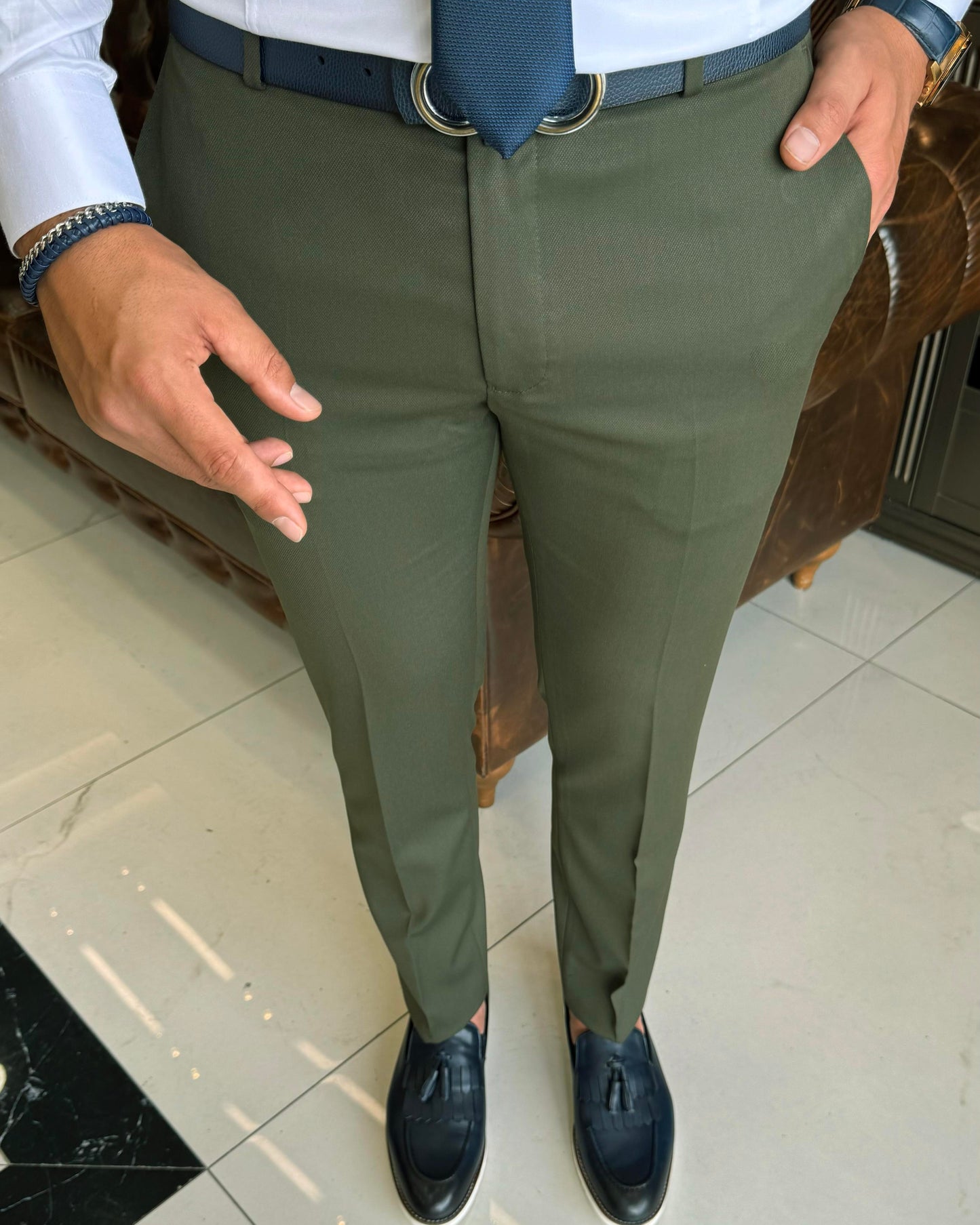 Olive Green Slim Fit Dress Pants