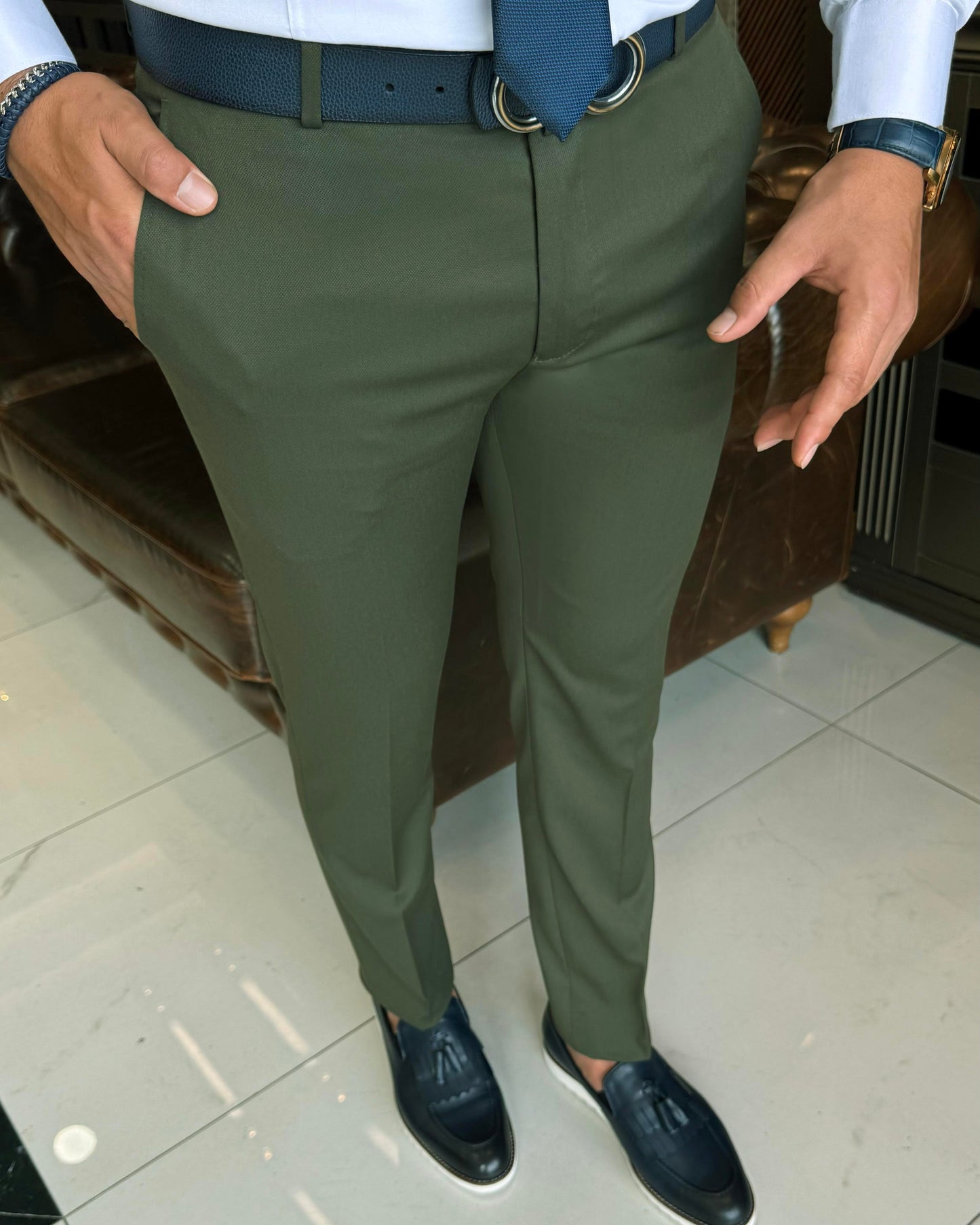 Olive Green Slim Fit Dress Pants