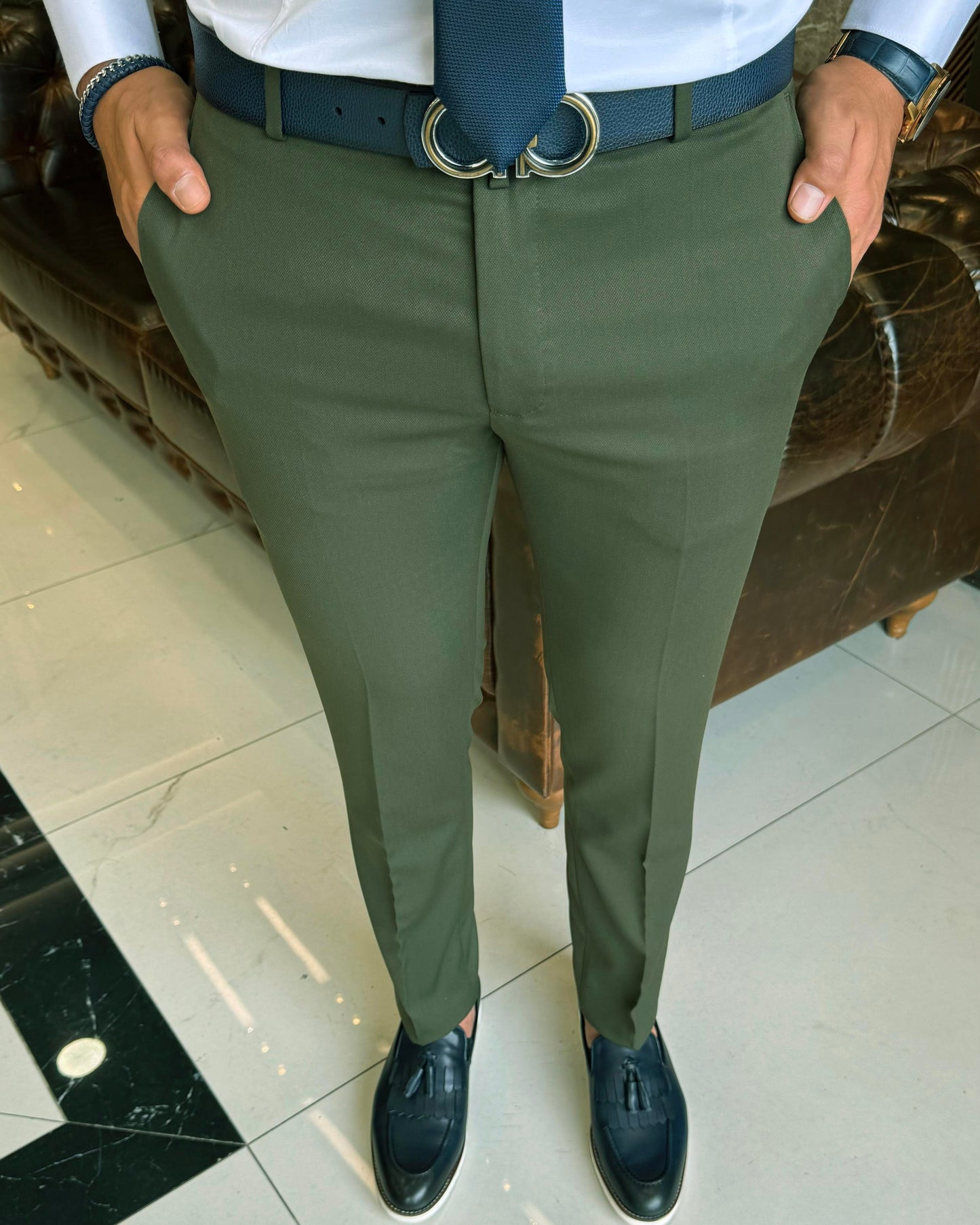 Olive Green Slim Fit Dress Pants