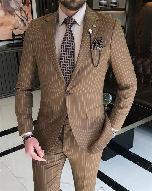 Beaumont Brown Striped Slim Fit Suit
