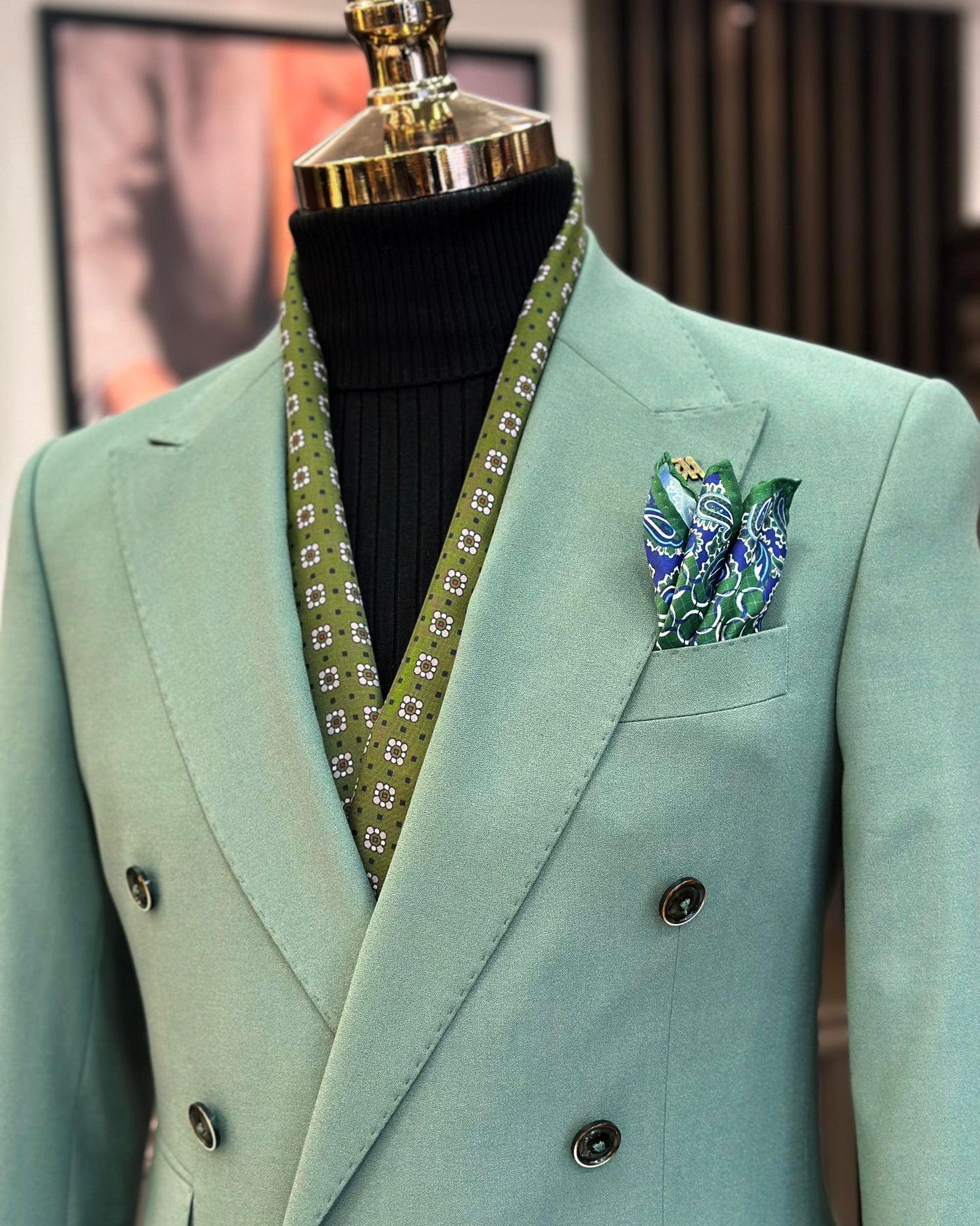 Ishmael Green Solid Double-Breasted Suit