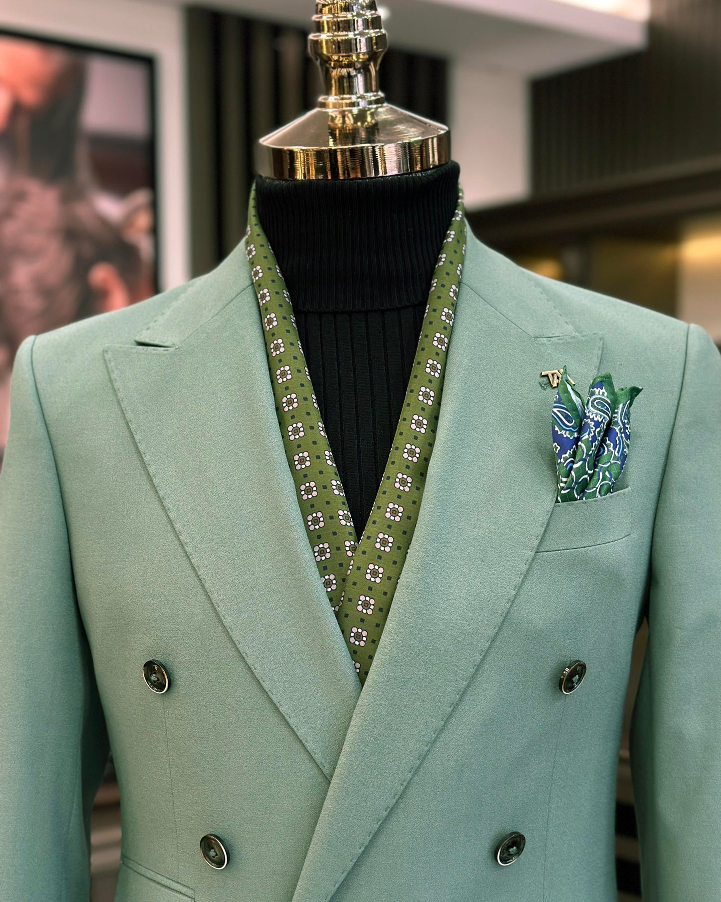 Ishmael Green Solid Double-Breasted Suit