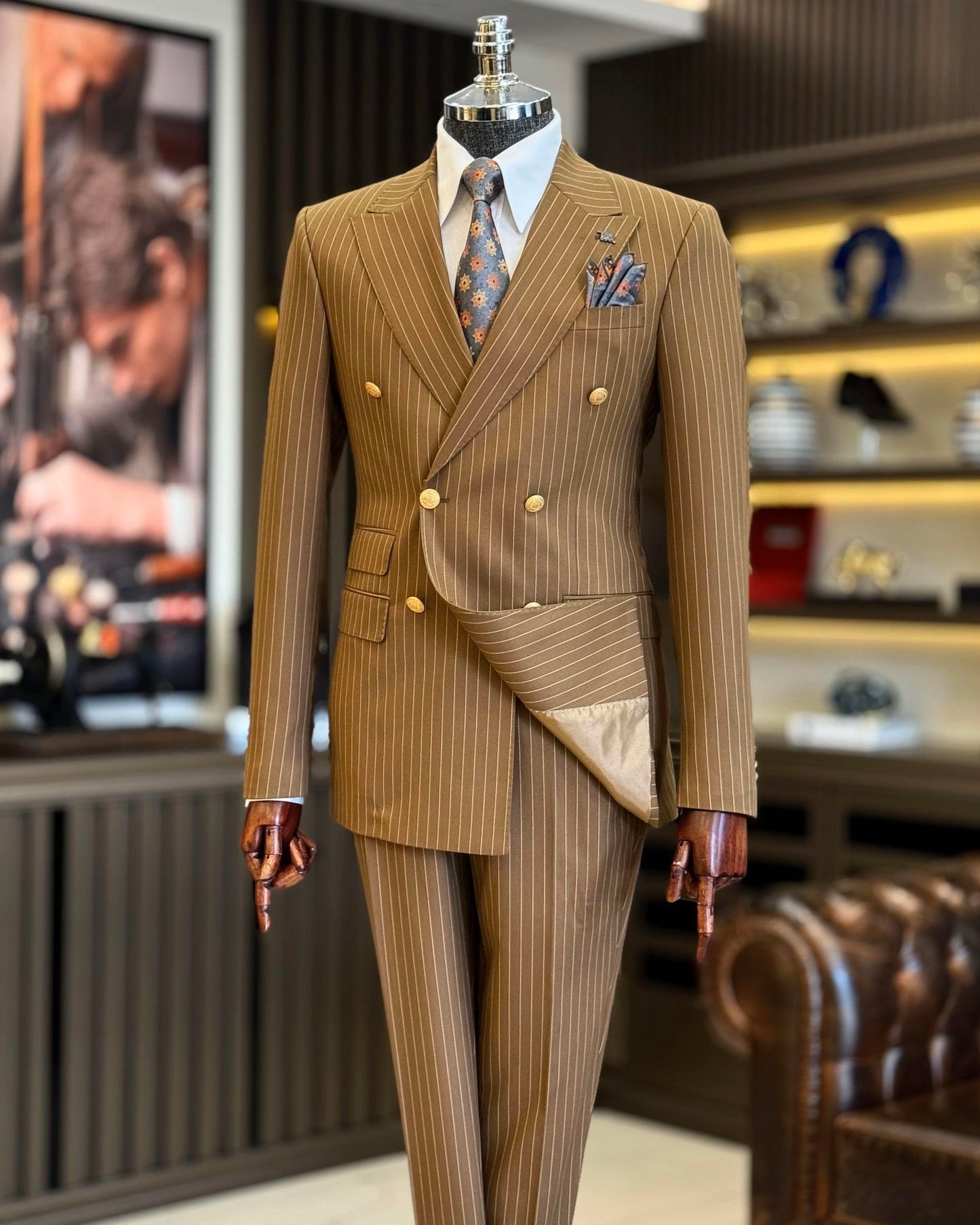 Yardley Brown Striped Double-Breasted Suit