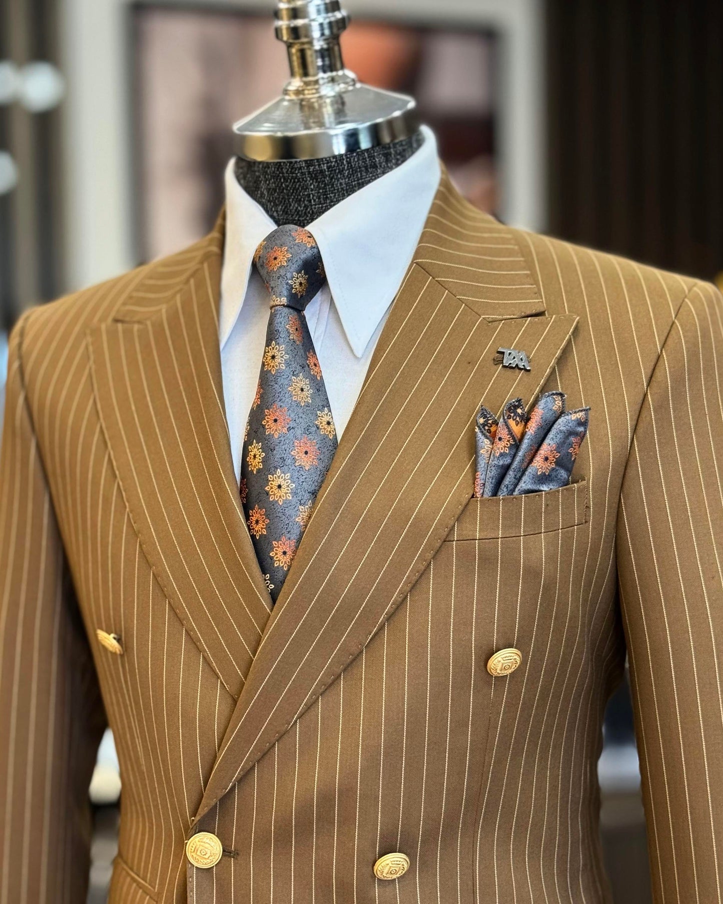 Yardley Brown Striped Double-Breasted Suit