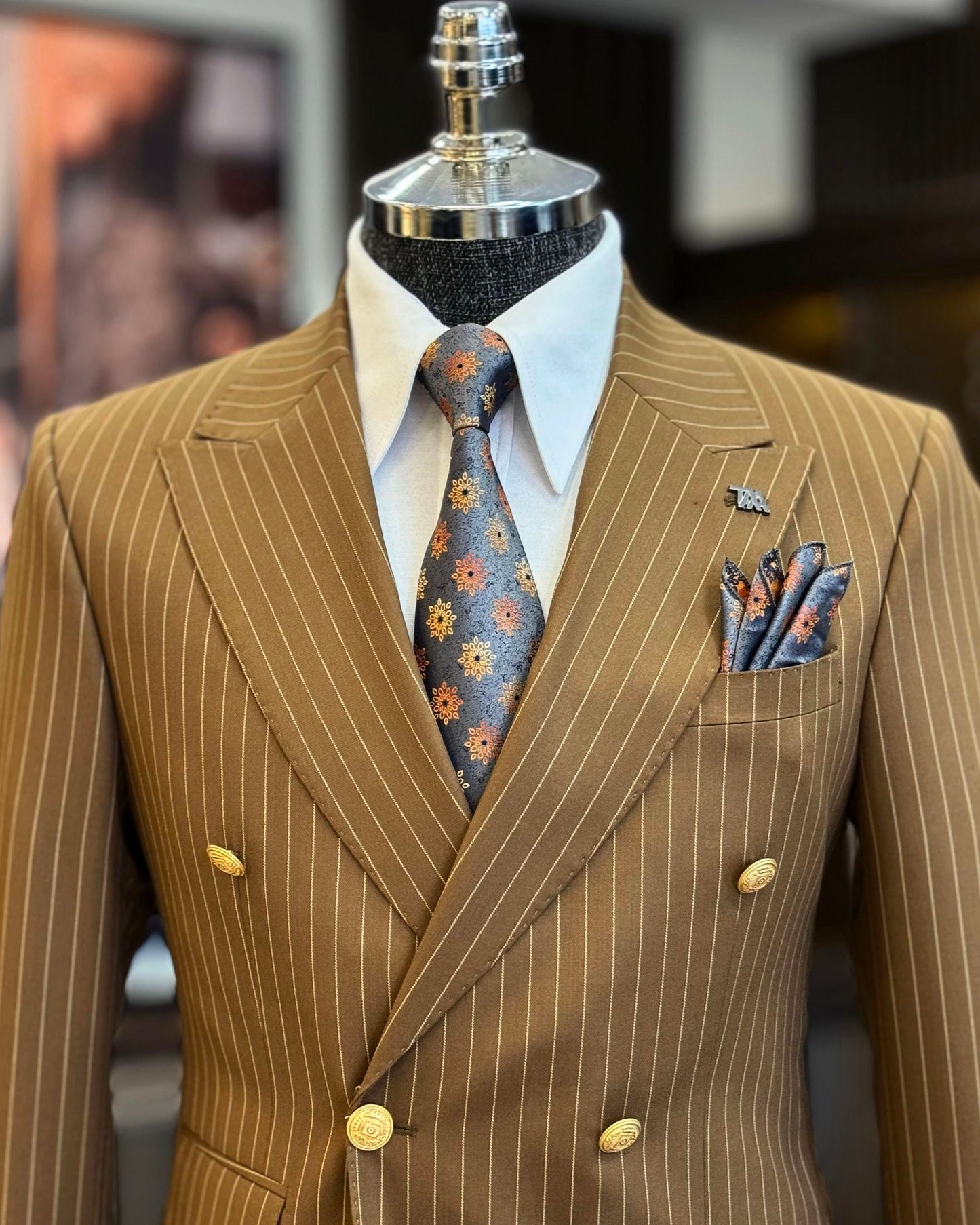 Yardley Brown Striped Double-Breasted Suit