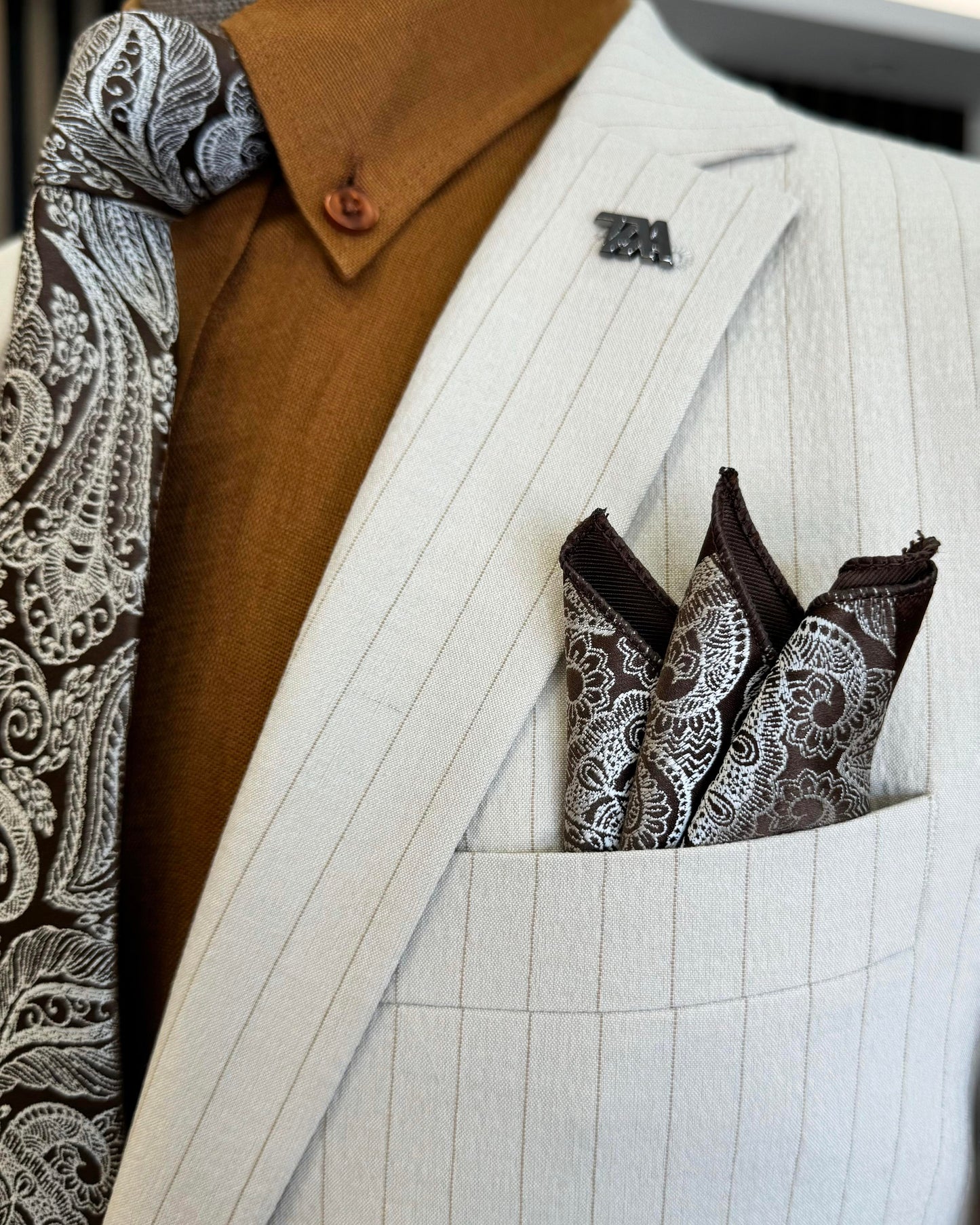 Maximiliano Beige Striped Slim Fit Suit
