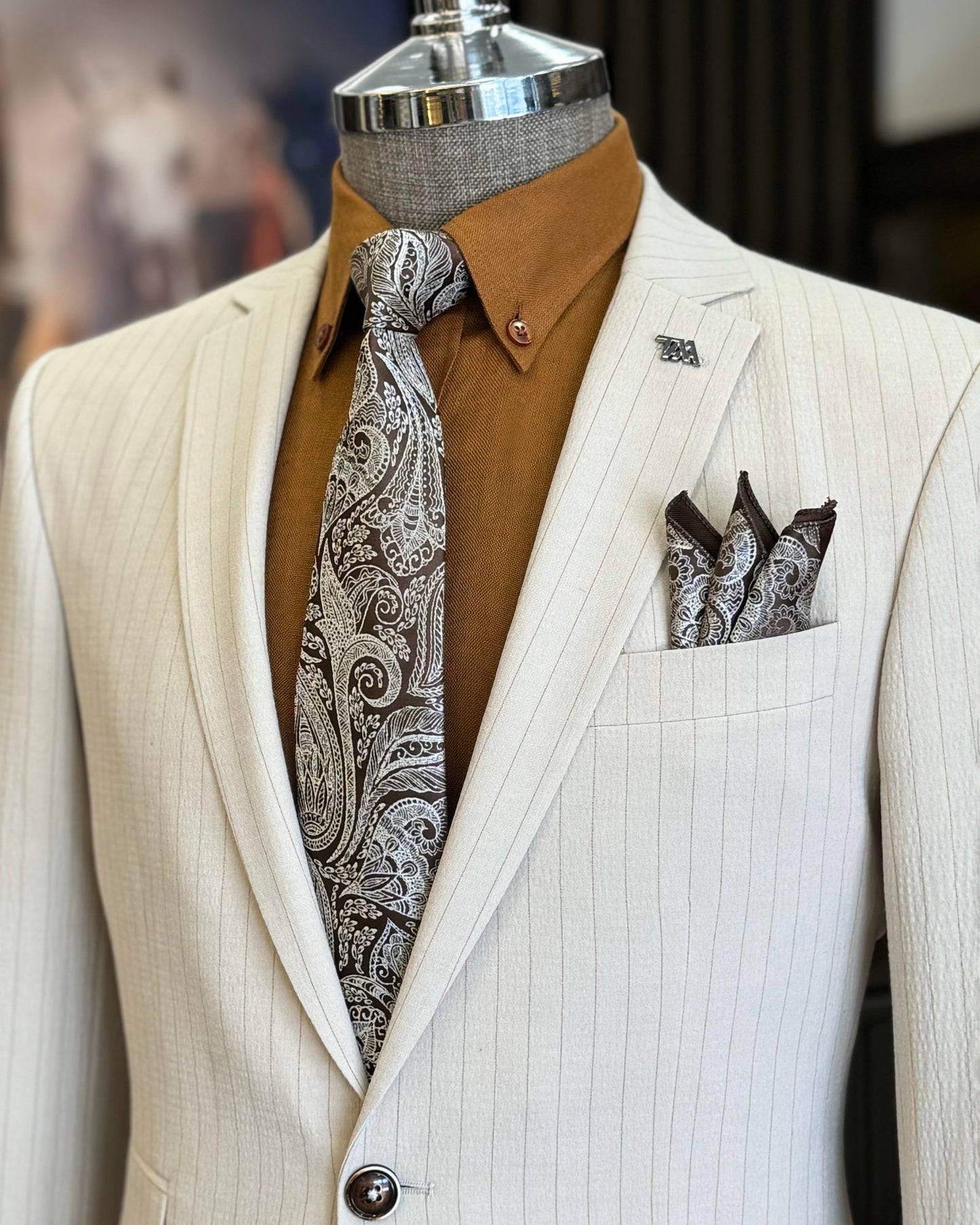 Maximiliano Beige Striped Slim Fit Suit