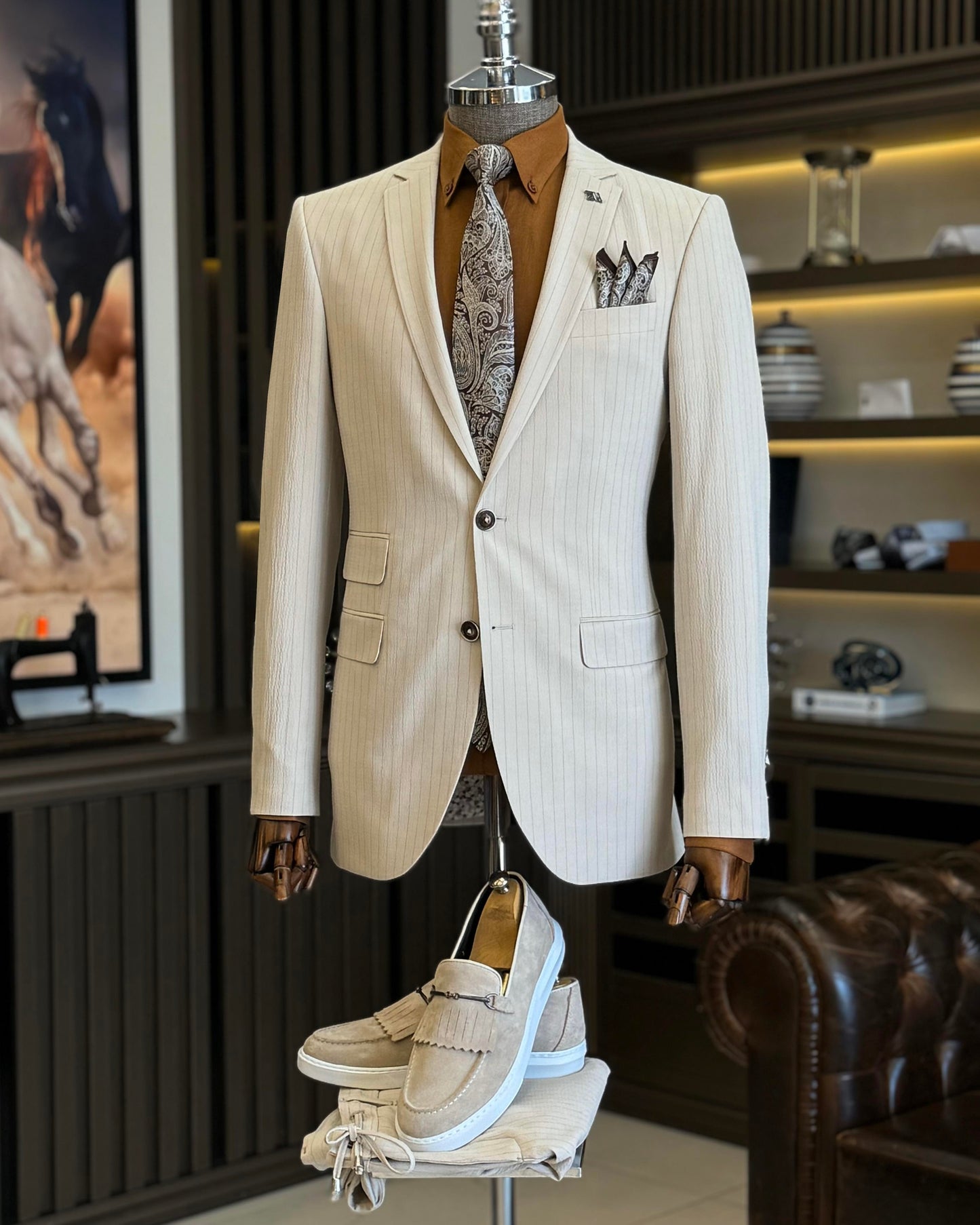 Maximiliano Beige Striped Slim Fit Suit