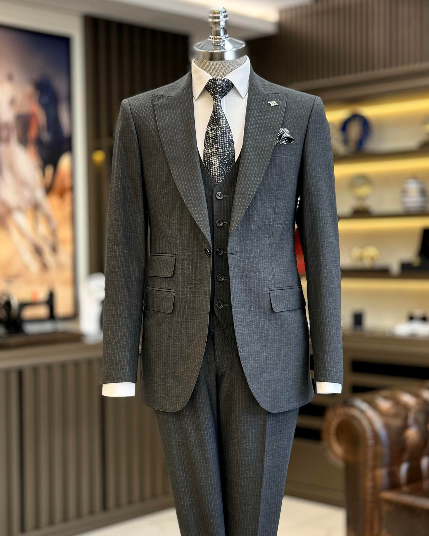 Llewellyn Gray Striped Slim Fit Suit