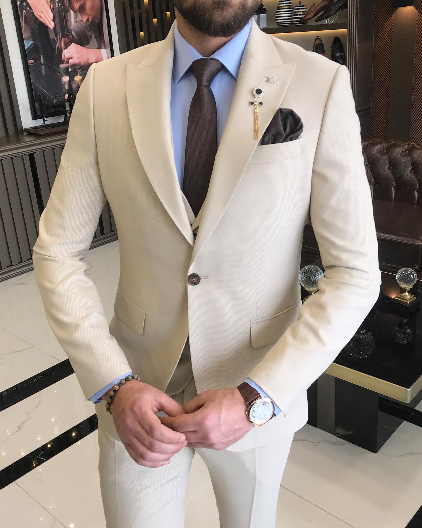 Kensington Beige Solid Slim Fit Suit