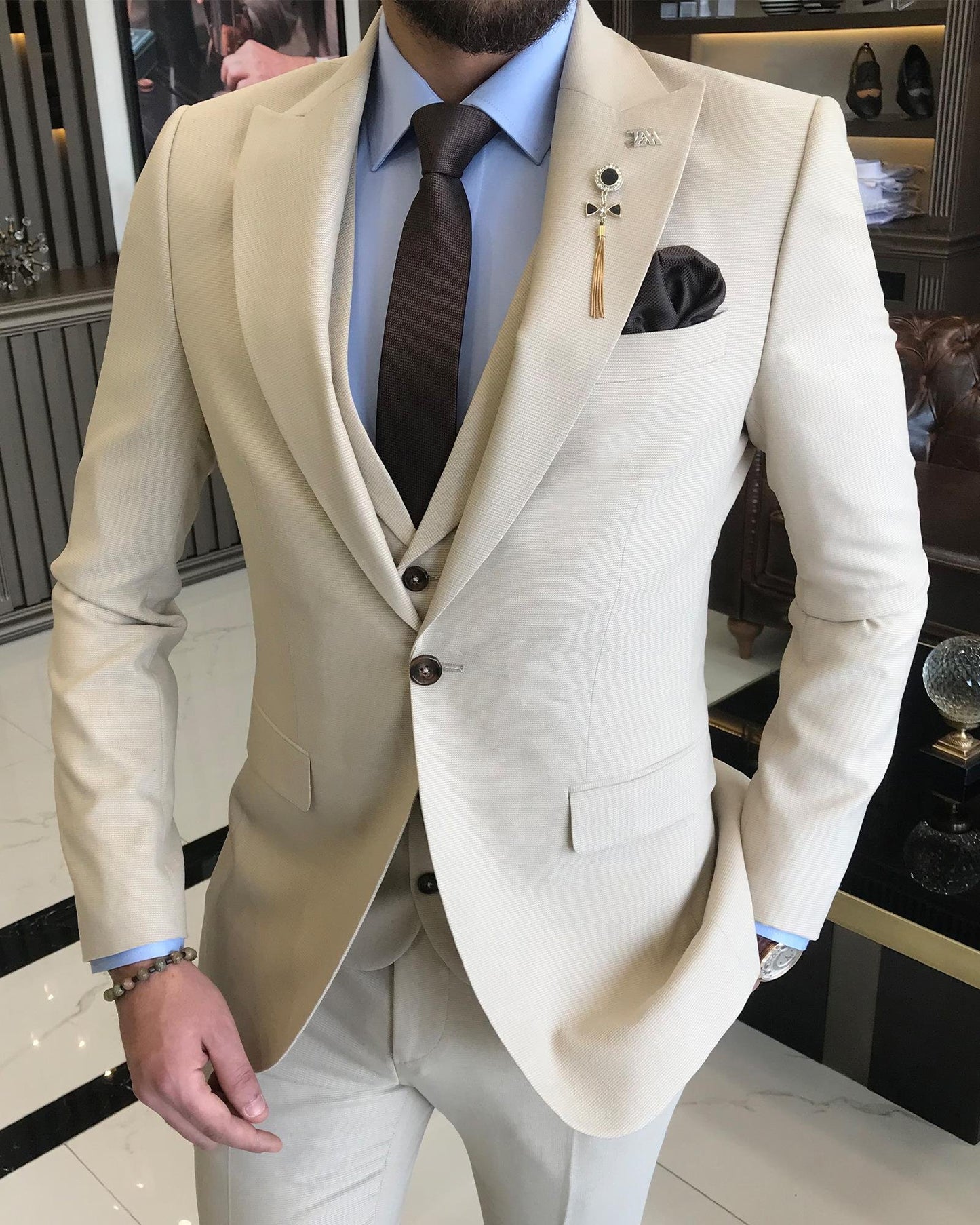 Kensington Beige Solid Slim Fit Suit