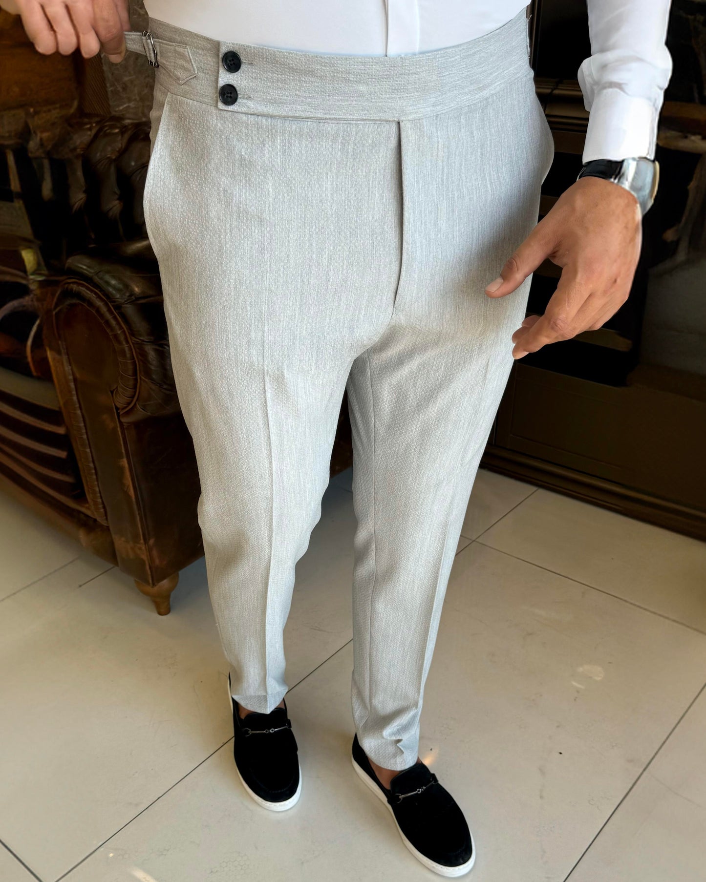 Light Grey Slim Fit Textured Waistband Pants