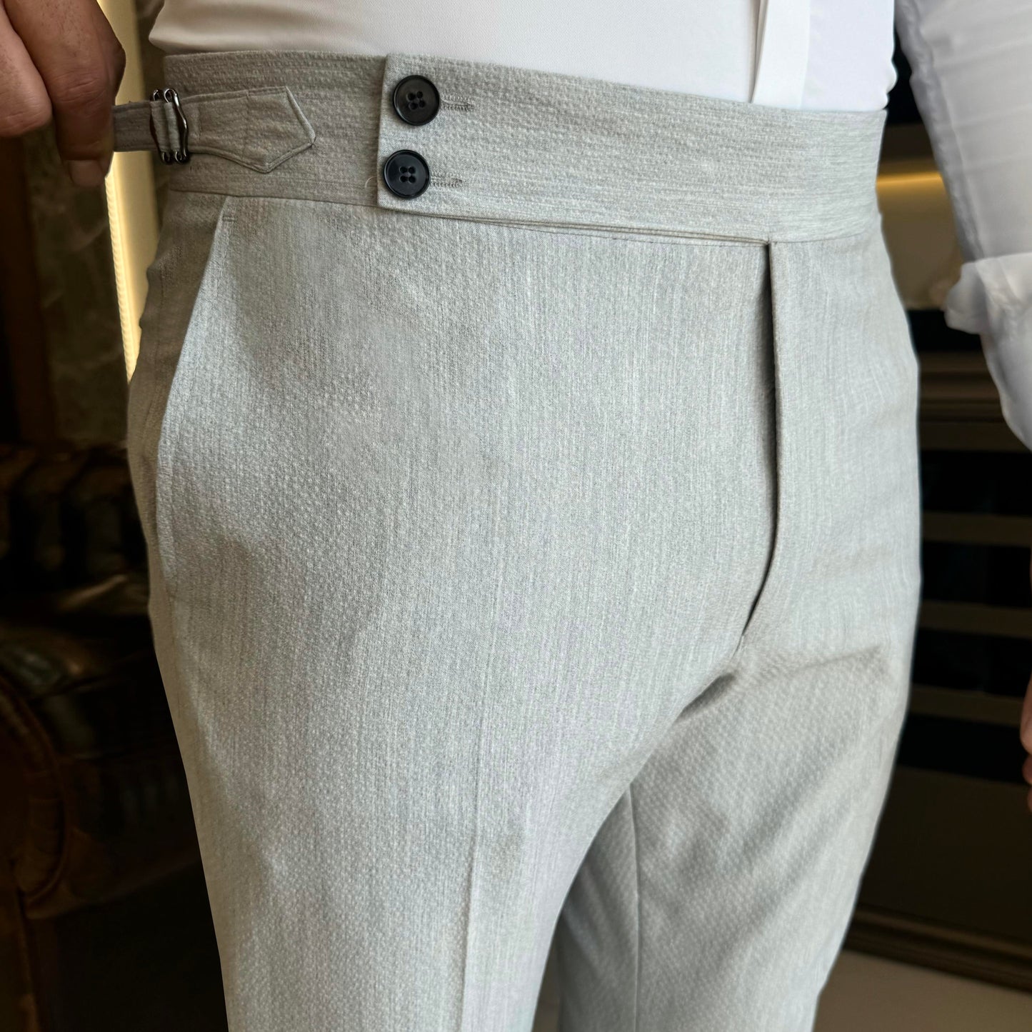 Light Grey Slim Fit Textured Waistband Pants