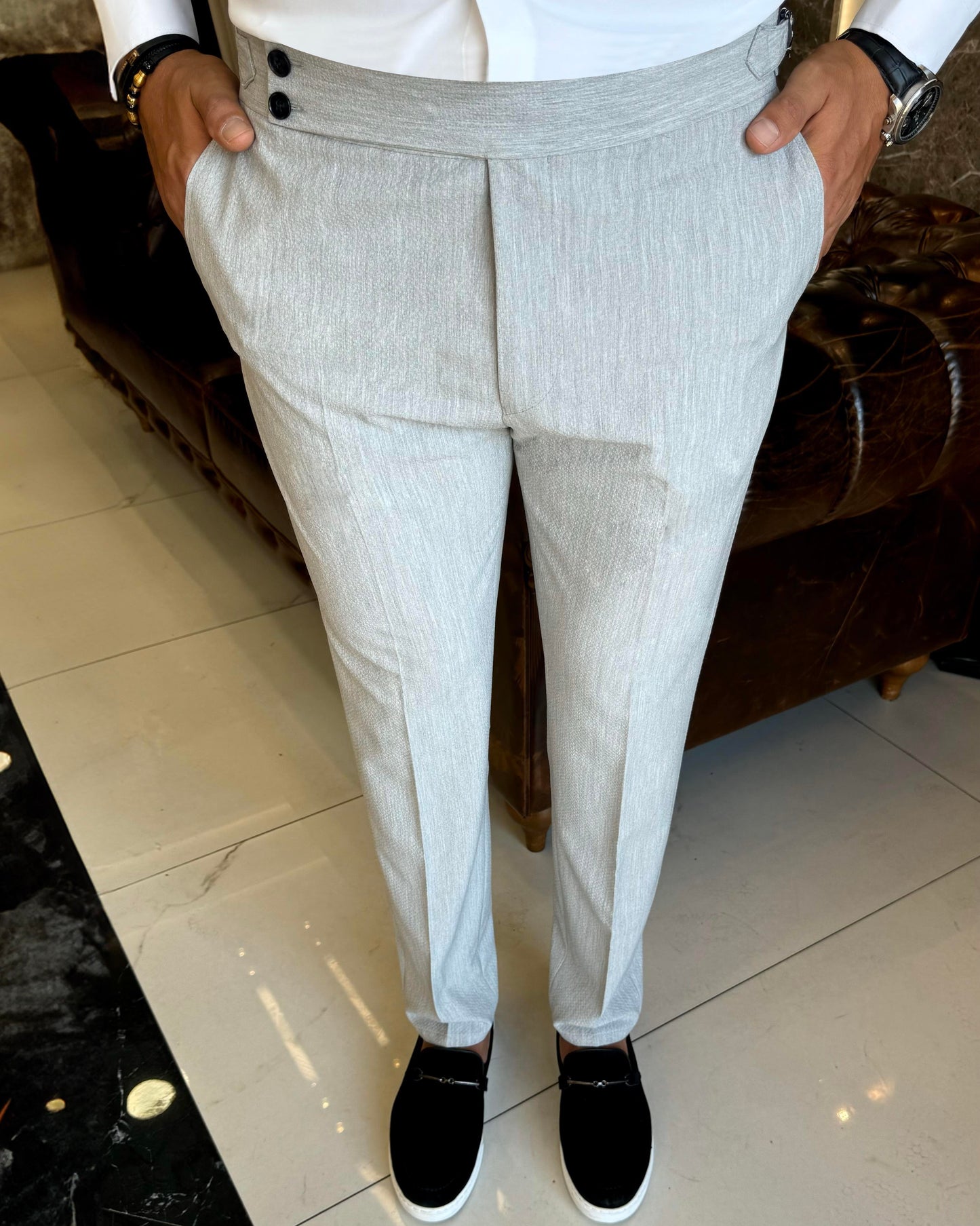 Light Grey Slim Fit Textured Waistband Pants