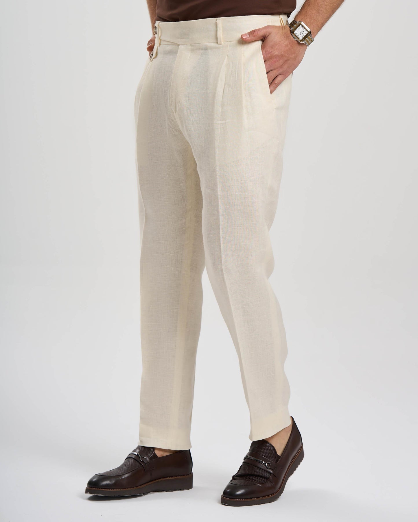 White Roma Slim Fit Linen-Blend Pleated Pants