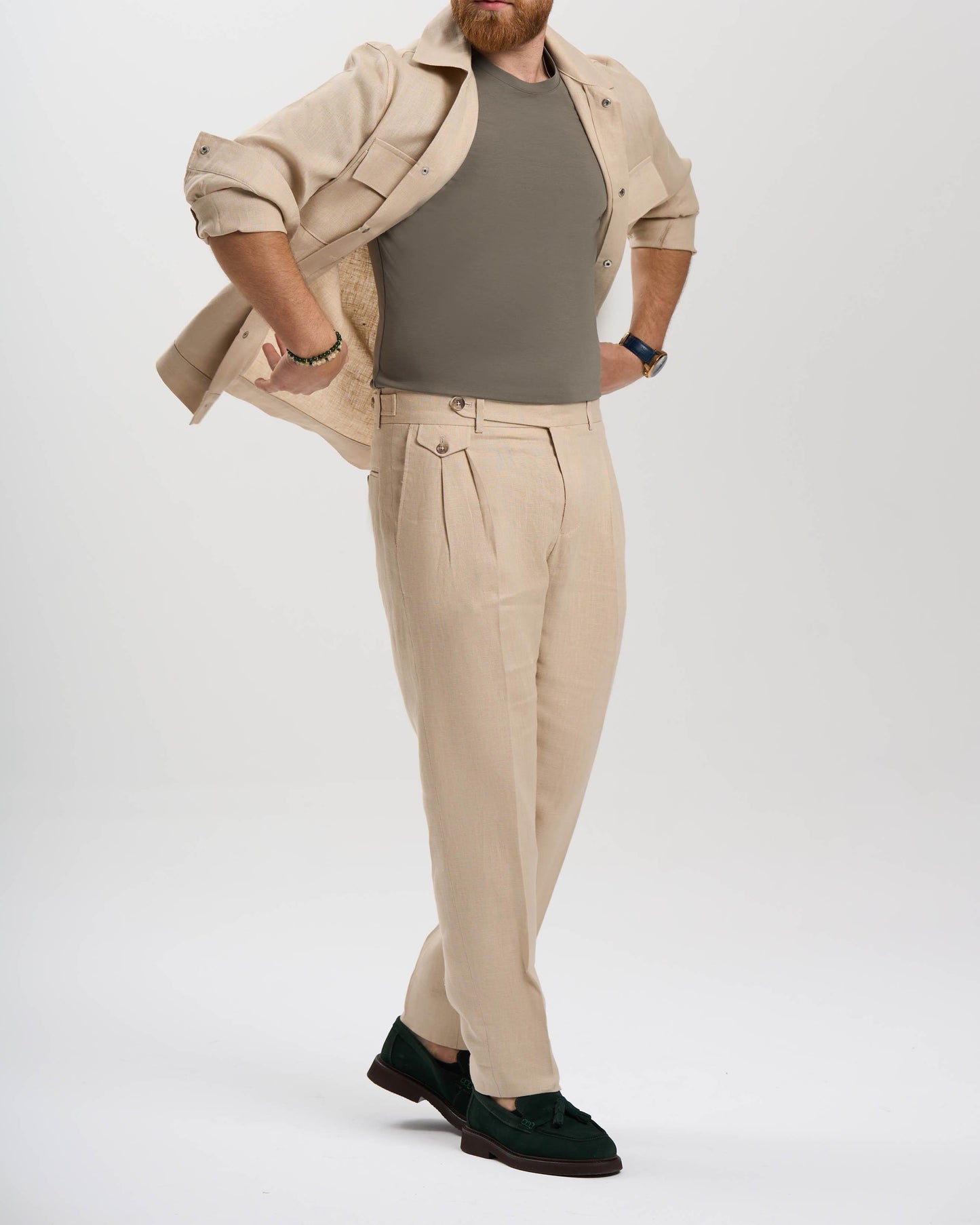 Beige Verona Slim Fit Linen-Blend Pleated Pants