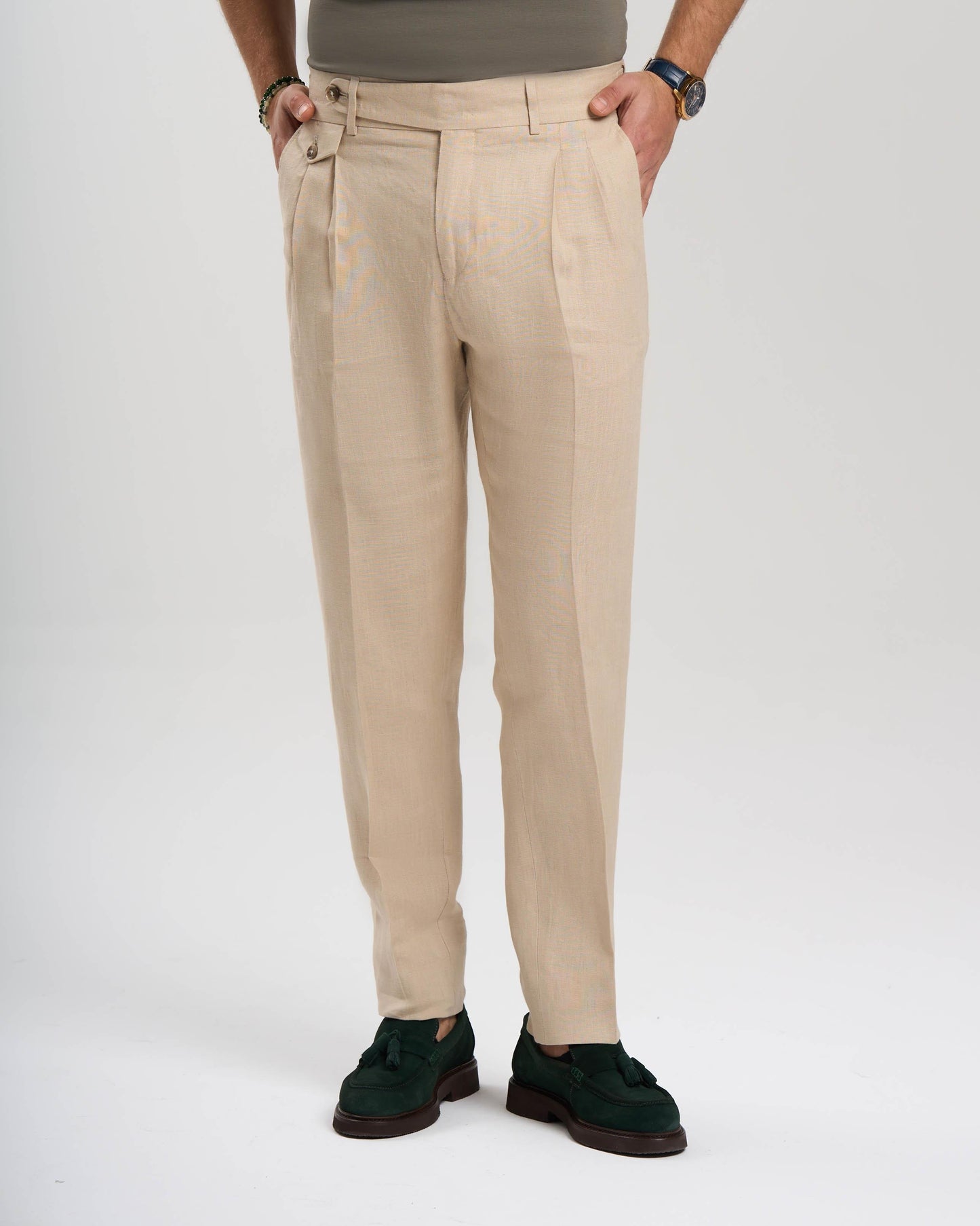 Beige Verona Slim Fit Linen-Blend Pleated Pants
