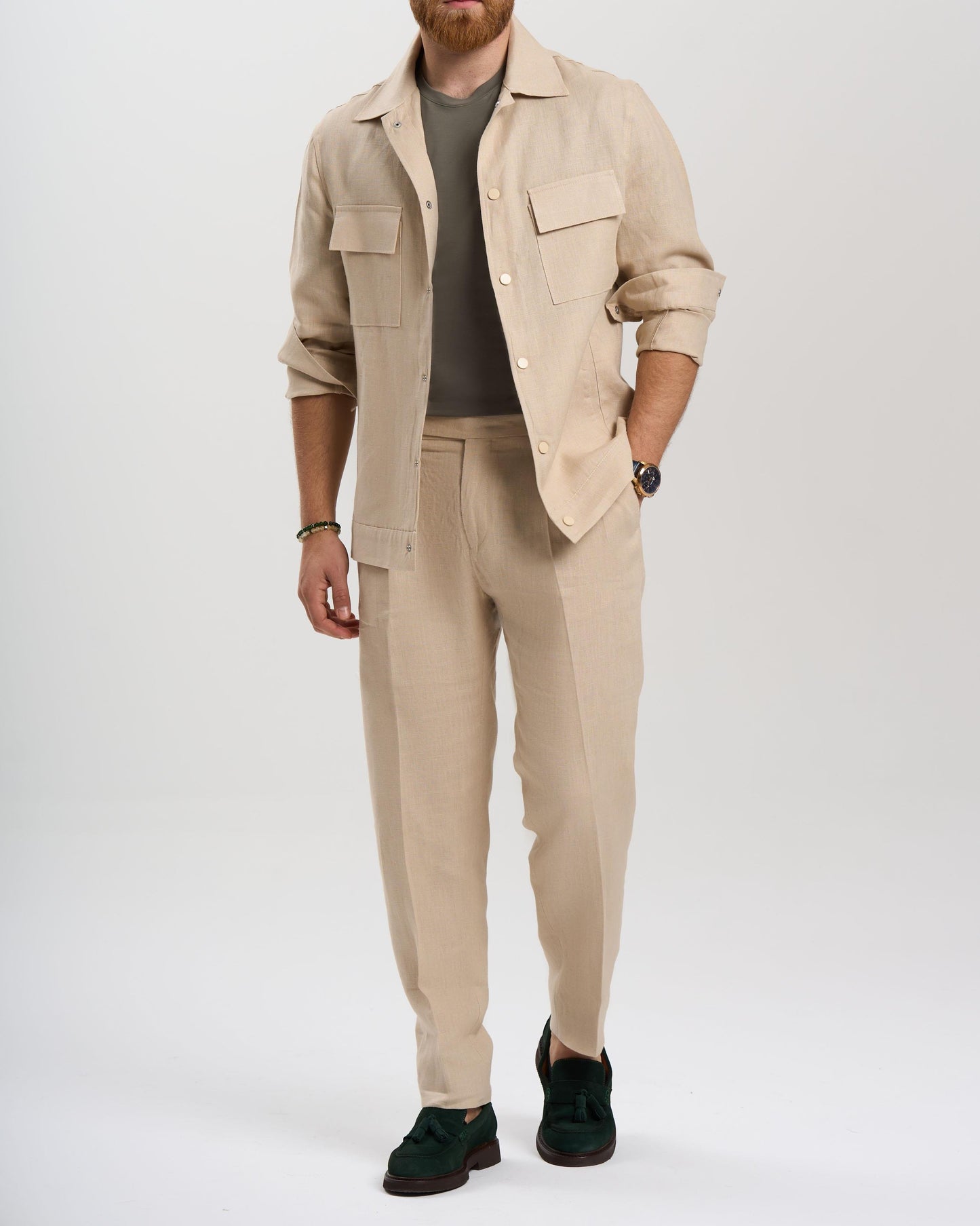 Beige Verona Slim Fit Linen-Blend Pleated Pants