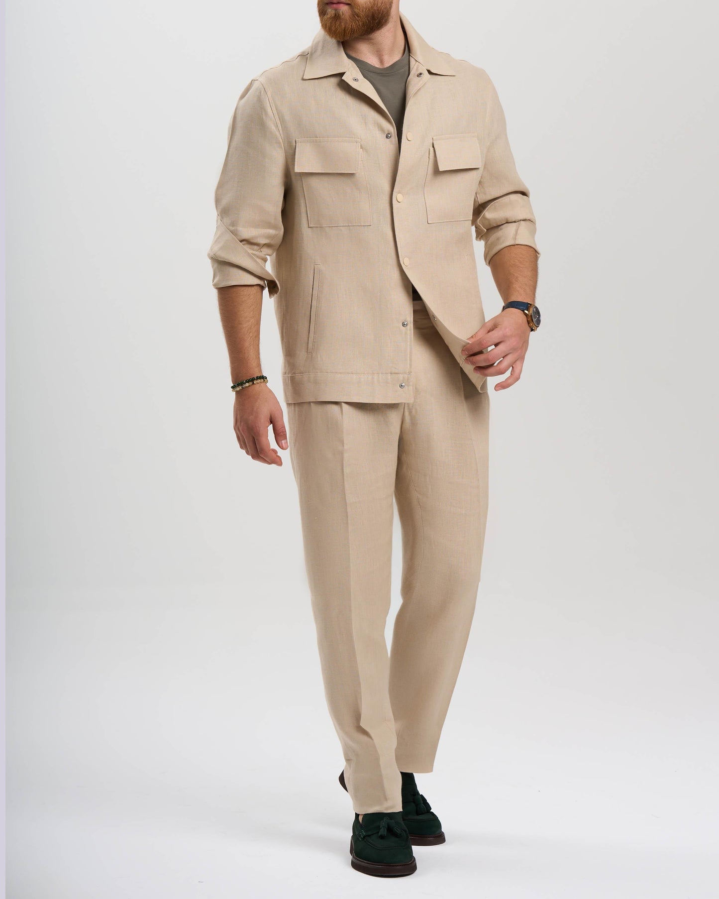 Beige Verona Slim Fit Linen-Blend Pleated Pants