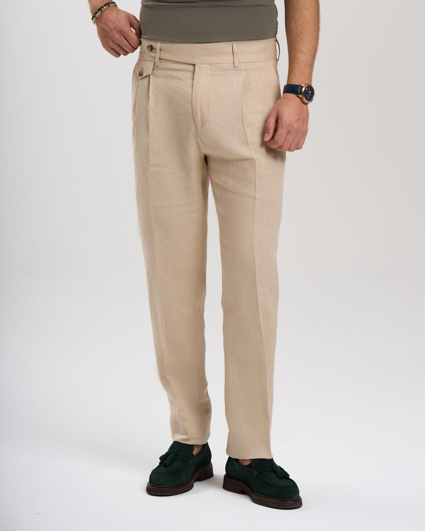 Beige Verona Slim Fit Linen-Blend Pleated Pants