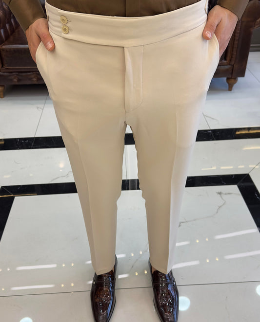 Light Beige Slim Fit Solid Waistband Pants