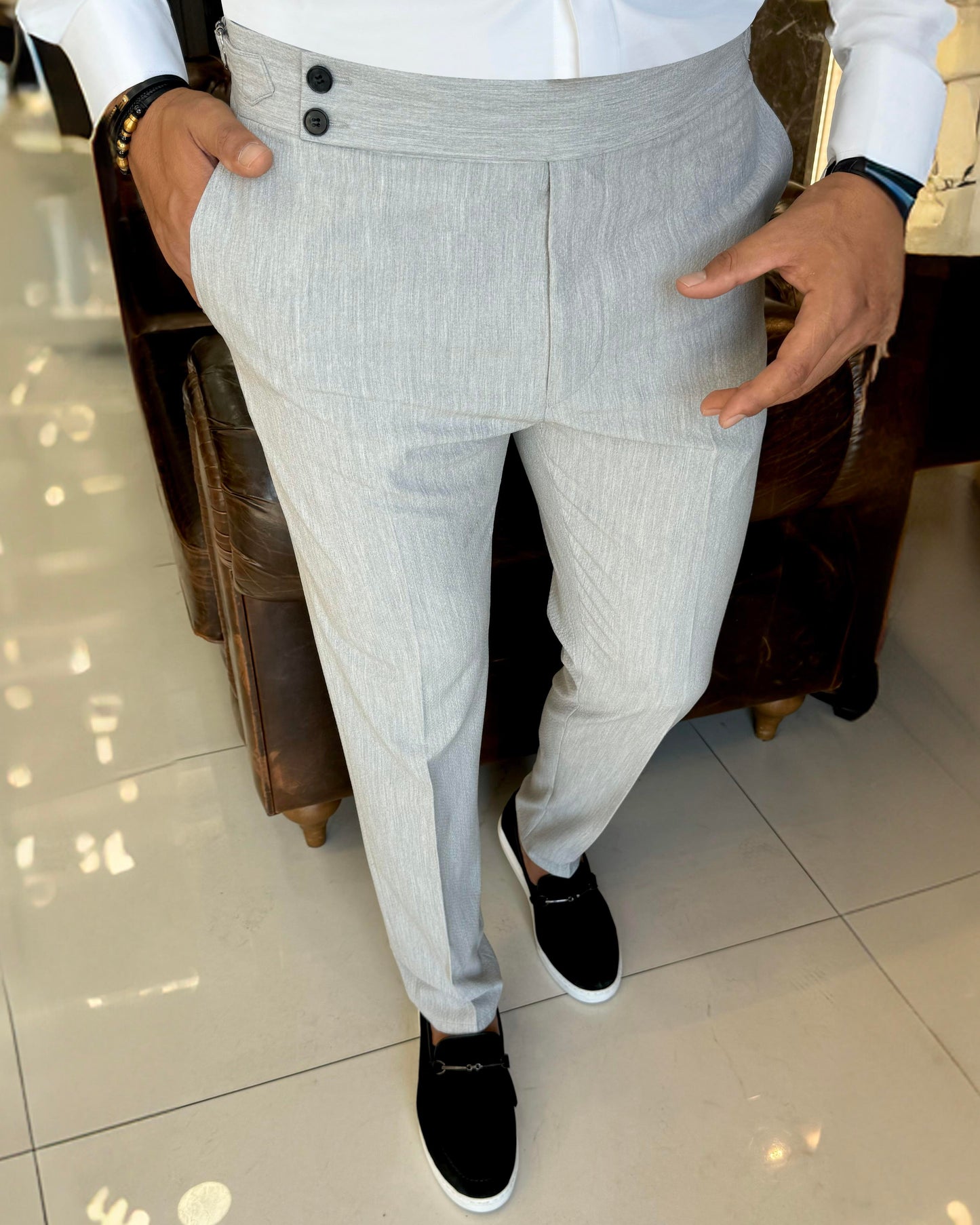 Light Grey Slim Fit Textured Waistband Pants