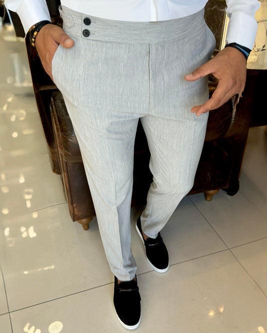 Light Grey Slim Fit Textured Waistband Pants