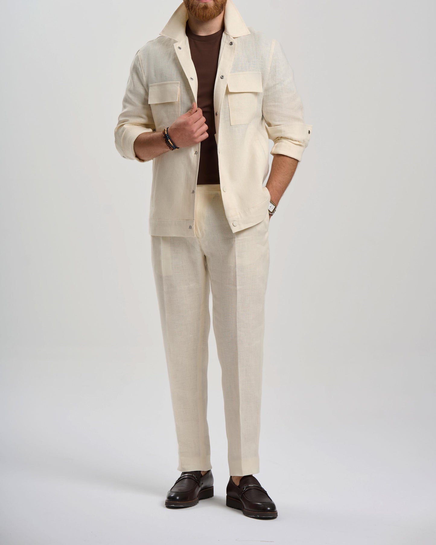 White Roma Slim Fit Linen-Blend Pleated Pants