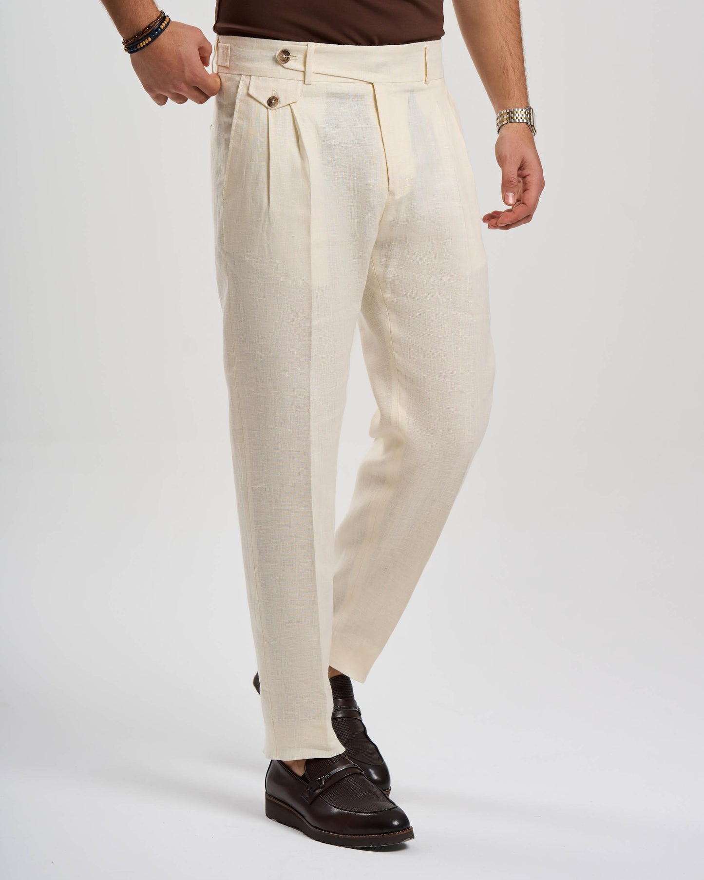 White Roma Slim Fit Linen-Blend Pleated Pants